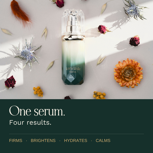 A cosmetic serum bottle with a clear cap and gold pump, featuring a green-to-white gradient body, centered on a light background with dried flowers and leaves. A dark green banner at the bottom reads, 'One serum.