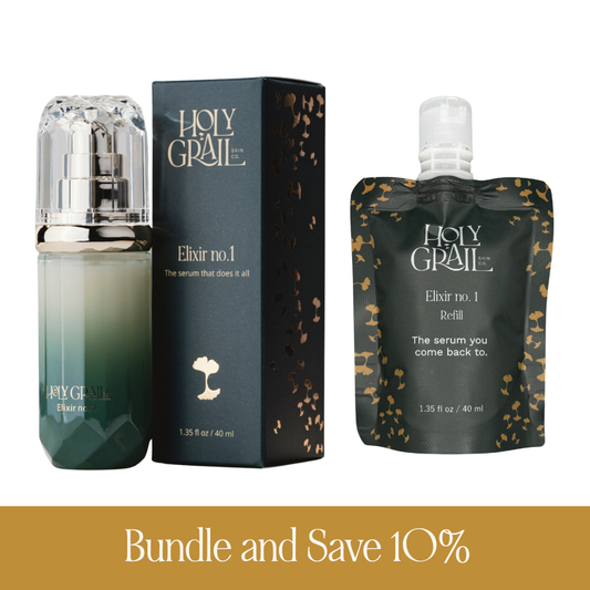 Holy Grail Elixir no. 1 skincare bundle featuring a faceted green-to-teal bottle, a black box with gold leaf pattern, and a matching black pouch, shown on a white background with a gold banner at the bottom reading 'Bundle and Save 10%'.