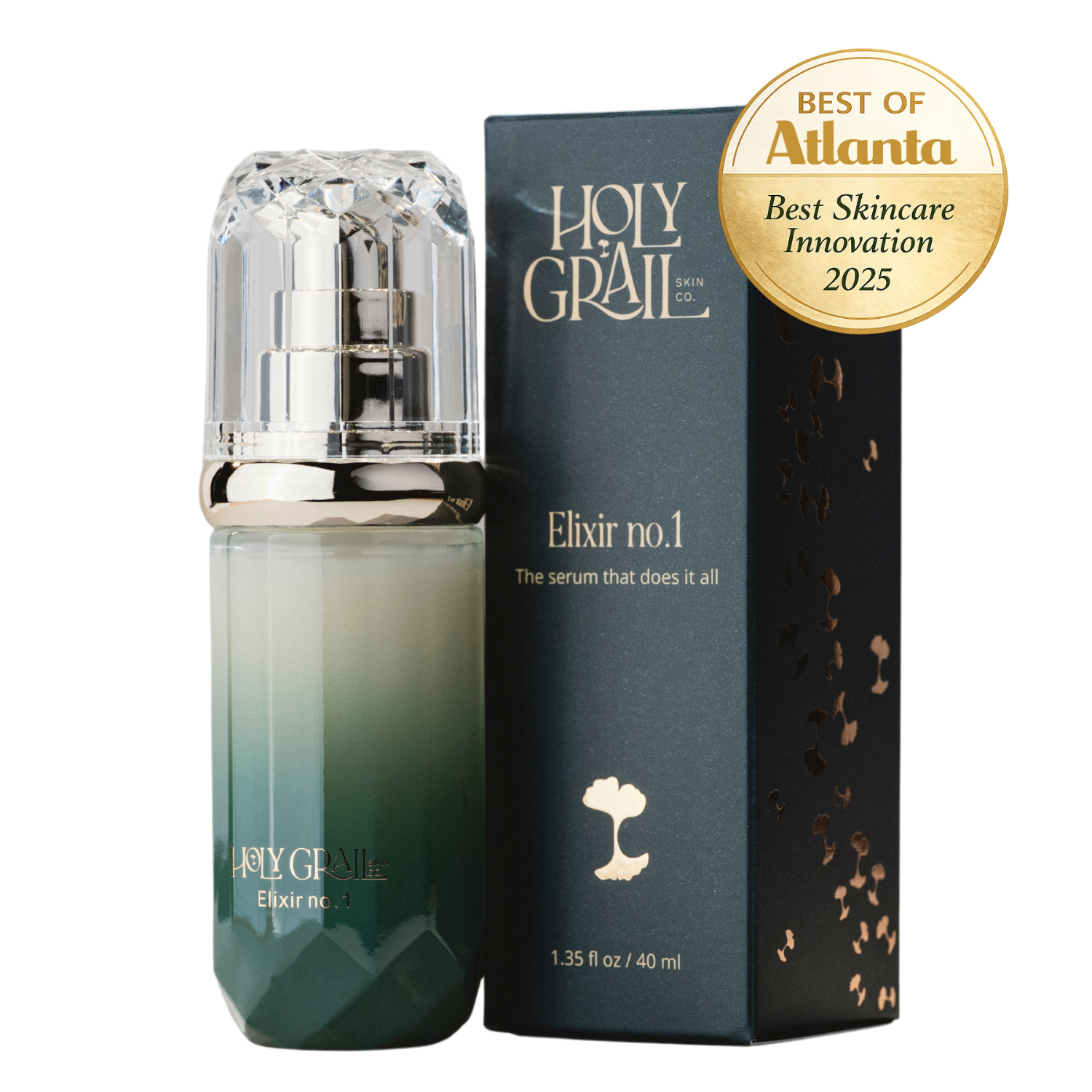 Holy Grail Elixir no.1 serum bottle and packaging with a gold award badge