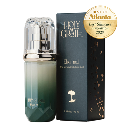 Holy Grail Elixir no.1 serum bottle and packaging with a gold award badge