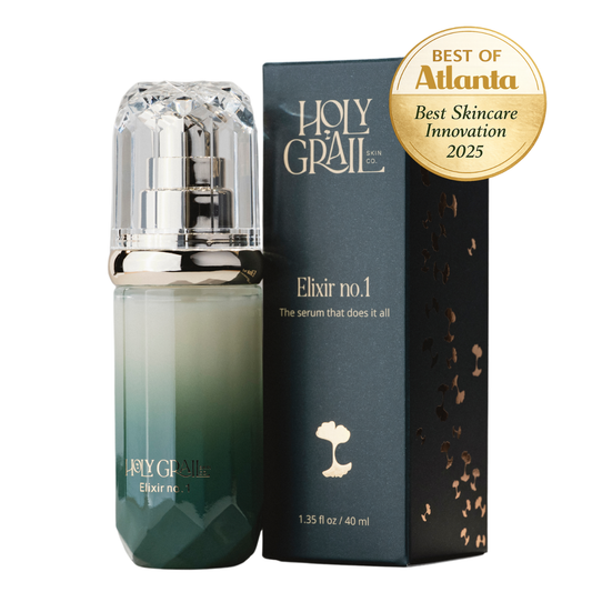 Holy Grail Elixir no.1 serum bottle and packaging with a gold award badge