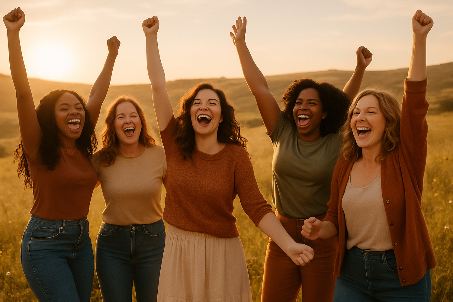 women cheering in a field warm